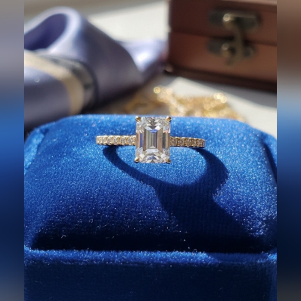 NWT 2 CT Emerald Cut Moissanite Ring Solid 925 Silver 14K Gold Plated Size  Sz 8